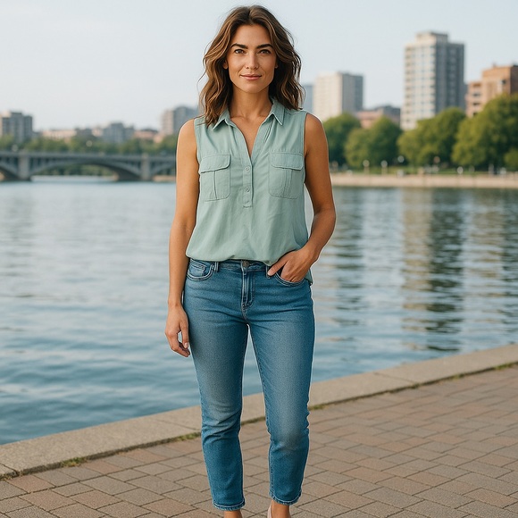 Light blue blouse size Medium, front pockets & sleeveless - Picture 3 of 8